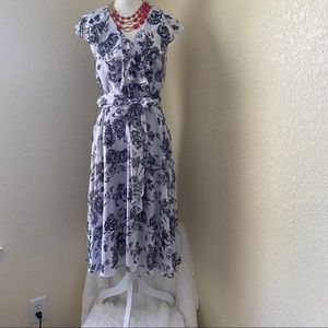 Karin Stevens White Black Floral Printed Flounce Ruffle Midi Dress- Sz 10